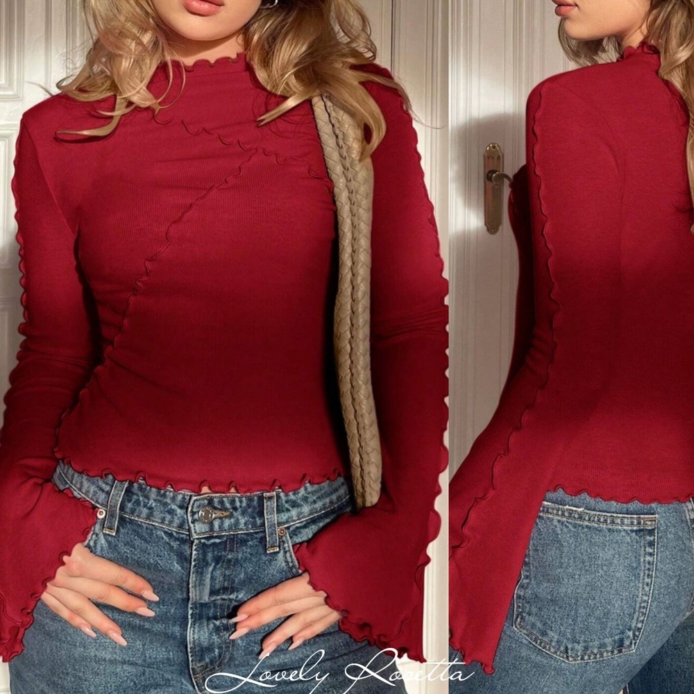 Red Ruffled Women's Flare Sleeve Top - Picture 2 of 7